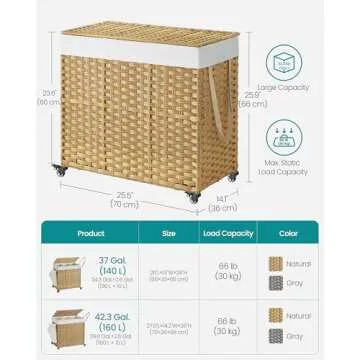 SONGMICS Laundry Hamper with Lid, 42.3 Gallons (160 L), Rolling Laundry Basket with Wheels, 3-Section Synthetic Rattan, Removable Liner, Bedroom, 27.6 x 14.2 x 26 Inches, Natural ULCB365N01