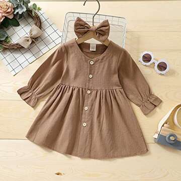 VISGOGO Baby Kids Girl Dresses Outfit Solid Color Long Sleeves Single-Breasted Dress + Headband 2Pcs Clothes (Khaki, 18-24 Months)
