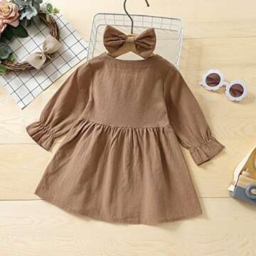 VISGOGO Baby Kids Girl Dresses Outfit Solid Color Long Sleeves Single-Breasted Dress + Headband 2Pcs Clothes (Khaki, 18-24 Months)