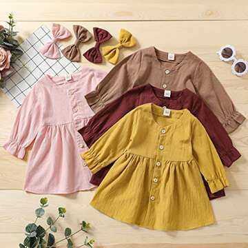 VISGOGO Baby Kids Girl Dresses Outfit Solid Color Long Sleeves Single-Breasted Dress + Headband 2Pcs Clothes (Khaki, 18-24 Months)