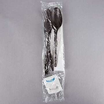 50 Plastic Cutlery Packets - Knife Fork Spoon Napkin Salt Pepper Sets | Black Plastic Silverware Set...