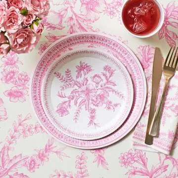 Coterie Pink Toile Paper Tablecloth | Rectangle Tablecloth/Table Cover for Bridal and Baby Shower, Tea Party, Garden Party, Birthday Party | 8.5' by 4.5' Table Cloth Rectangle Table