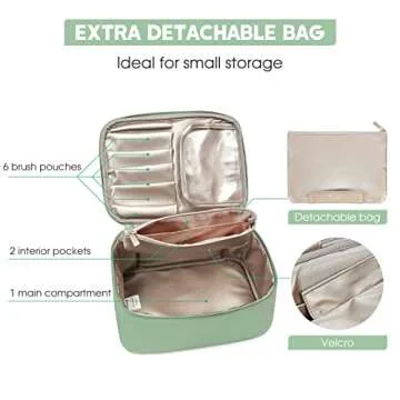 Narwey Cute Makeup Bag Travel Cosmetic Bag Make up Bag, Makeup Organizer Case with Brush Compartments for Women (Mint Green)