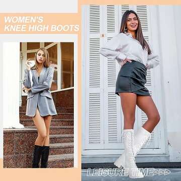 Jeossy Women's Knee High Riding Combat 9603 Boots, Tall Platform Chunky Heel Boot with Lace, Knittin...