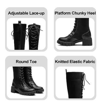 Jeossy Women's Knee High Riding Combat 9603 Boots, Tall Platform Chunky Heel Boot with Lace, Knitting Stretch Long Comfy Boot, Round Toe Sexy Knee Boot, Black, Size 8(DJY9603 Black 08)
