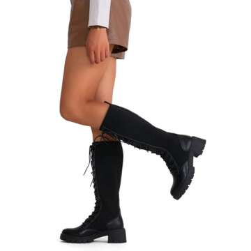 Jeossy Women's Knee High Riding Combat 9603 Boots, Tall Platform Chunky Heel Boot with Lace, Knitting Stretch Long Comfy Boot, Round Toe Sexy Knee Boot, Black, Size 8(DJY9603 Black 08)