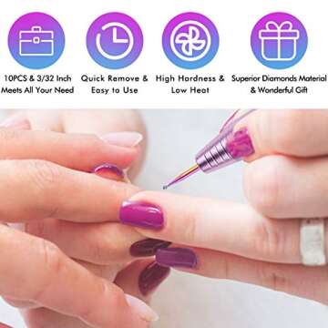 Ejiubas Nail Drill Bits 10Pcs 3/32"(2.35mm) Diamond Drill Bit Set for Nails Professional Cuticle Drill Bit Efile Nail Bit for Acrylic Gel Nails, Manicure Pedicure Shapen Remove Tools, Home Salon Use