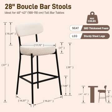 LONXIU White Bar Stools Set of 2, Boucle Counter Height Bar Stools 28" Modern Barstools Counter Stoo...