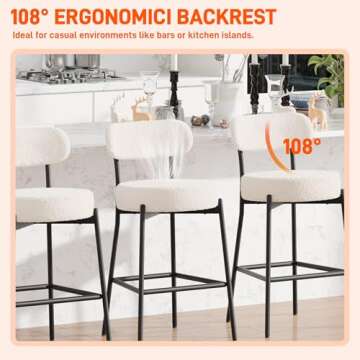 LONXIU White Bar Stools Set of 2, Boucle Counter Height Bar Stools 28" Modern Barstools Counter Stools with 4'' Thick Round Seat Tall Metal Bar Stools with Curved Back for Kitchen Island, Cafe, Pub