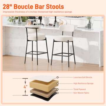 LONXIU White Bar Stools Set of 2, Boucle Counter Height Bar Stools 28" Modern Barstools Counter Stools with 4'' Thick Round Seat Tall Metal Bar Stools with Curved Back for Kitchen Island, Cafe, Pub