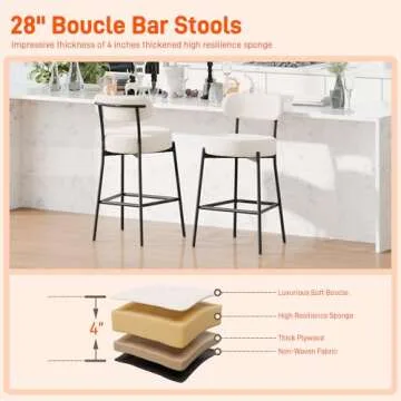 LONXIU White Bar Stools Set of 2, Boucle Counter Height Bar Stools 28" Modern Barstools Counter Stools with 4'' Thick Round Seat Tall Metal Bar Stools with Curved Back for Kitchen Island, Cafe, Pub