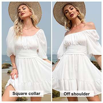 EXLURA Women's Lantern Sleeve Tie Back Casual Dresses Ruffled Off Shoulder A-Line Vintage Mini Dress White