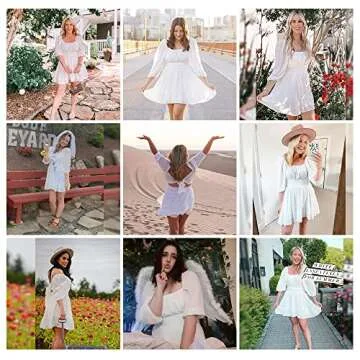 EXLURA Women's Lantern Sleeve Tie Back Casual Dresses Ruffled Off Shoulder A-Line Vintage Mini Dress White
