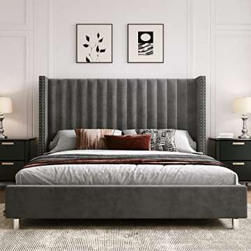 PaPaJet King Size Tufted Upholstered Platform Bed Frame Low Profile Velvet Bed Frame with Raised Wingback Headboard/No Box Spring Required/Wood Slat Support/Easy Assembly/Dark Gray