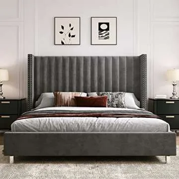 PaPaJet King Size Tufted Upholstered Platform Bed Frame Low Profile Velvet Bed Frame with Raised Wingback Headboard/No Box Spring Required/Wood Slat Support/Easy Assembly/Dark Gray