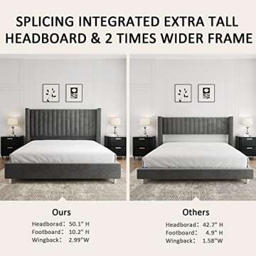 PaPaJet King Size Tufted Upholstered Platform Bed Frame Low Profile Velvet Bed Frame with Raised Wingback Headboard/No Box Spring Required/Wood Slat Support/Easy Assembly/Dark Gray