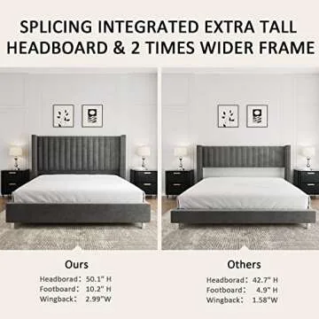 PaPaJet King Size Tufted Upholstered Platform Bed Frame Low Profile Velvet Bed Frame with Raised Wingback Headboard/No Box Spring Required/Wood Slat Support/Easy Assembly/Dark Gray