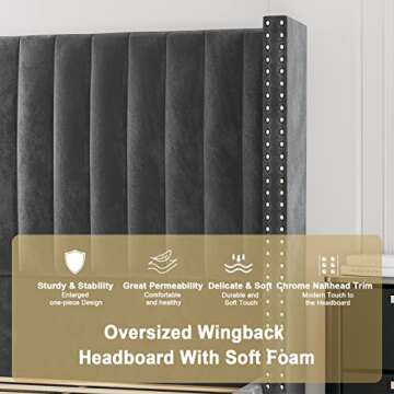 PaPaJet King Size Tufted Upholstered Platform Bed Frame Low Profile Velvet Bed Frame with Raised Wingback Headboard/No Box Spring Required/Wood Slat Support/Easy Assembly/Dark Gray