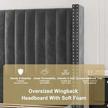 PaPaJet King Size Tufted Upholstered Platform Bed Frame Low Profile Velvet Bed Frame with Raised Wingback Headboard/No Box Spring Required/Wood Slat Support/Easy Assembly/Dark Gray