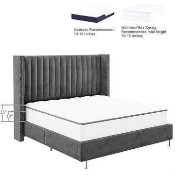 PaPaJet King Size Tufted Upholstered Platform Bed Frame Low Profile Velvet Bed Frame with Raised Wingback Headboard/No Box Spring Required/Wood Slat Support/Easy Assembly/Dark Gray