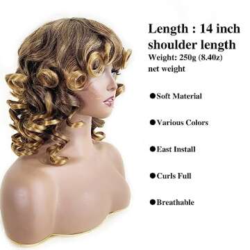 Top Remy Short Brown Curly Afro Wigs for Black Women Mixed Highlight Copper Blonde Kinky Curly Wavy Wig with Bangs Cute Fashion Fluffy Natural Looking Synthetic Hair Replacement Wigs (14 inch 33/27)