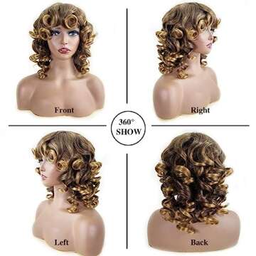 Top Remy Short Brown Curly Afro Wigs for Black Women Mixed Highlight Copper Blonde Kinky Curly Wavy Wig with Bangs Cute Fashion Fluffy Natural Looking Synthetic Hair Replacement Wigs (14 inch 33/27)