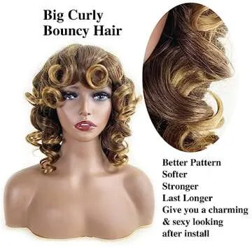 Top Remy Short Brown Curly Afro Wigs for Black Women Mixed Highlight Copper Blonde Kinky Curly Wavy Wig with Bangs Cute Fashion Fluffy Natural Looking Synthetic Hair Replacement Wigs (14 inch 33/27)