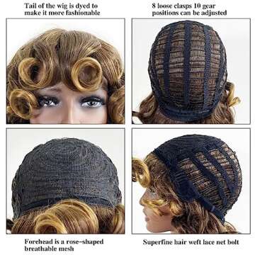 Top Remy Short Brown Curly Afro Wigs for Black Women Mixed Highlight Copper Blonde Kinky Curly Wavy Wig with Bangs Cute Fashion Fluffy Natural Looking Synthetic Hair Replacement Wigs (14 inch 33/27)