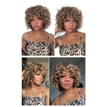Top Remy Short Brown Curly Afro Wigs for Black Women Mixed Highlight Copper Blonde Kinky Curly Wavy Wig with Bangs Cute Fashion Fluffy Natural Looking Synthetic Hair Replacement Wigs (14 inch 33/27)