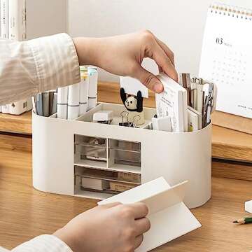 INSTOME Pencil Pen Holder for Desk with 3 Drawers - All-In-One Desk Organizer - Perfect Desk Accessories for Office Use - Stylish & Convenient Desk Organizers and Accessories (Beige)