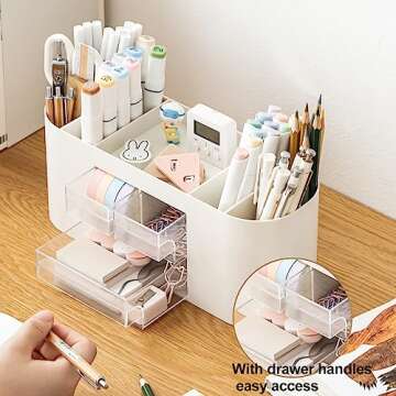 INSTOME Pencil Pen Holder for Desk with 3 Drawers - All-In-One Desk Organizer - Perfect Desk Accessories for Office Use - Stylish & Convenient Desk Organizers and Accessories (Beige)