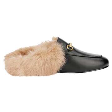 Fur Mules for Women Leather Low Heel Loafers Pointed Toe Rabbit Furny Mule Flats Backless Slides