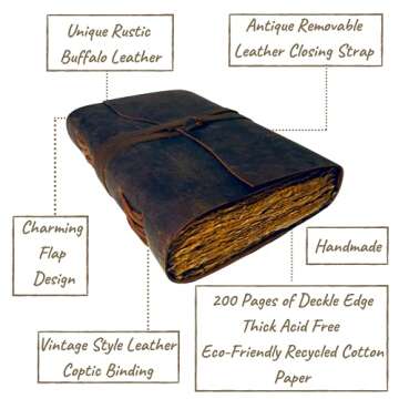 Vintage Leather Journal - 200 Pages Deckle Edge Rustic Paper - Unlined Pages Book of Shadows, Grimoi...