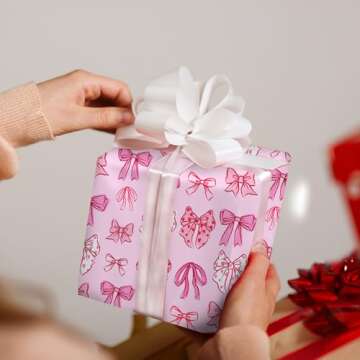 LeZakaa Pink Bow Wrapping Paper Roll for Girls Women, Cute Bows Design Gift Wrap Paper for Baby Girl...
