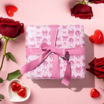 LeZakaa Pink Bow Wrapping Paper Roll for Girls Women, Cute Bows Design Gift Wrap Paper for Baby Girls Shower, Birthday, Wedding, Holiday, Party, Valentine's Day, Anniversary - 17 inches x 32.8 Feet
