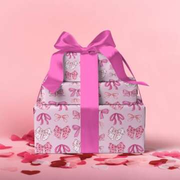 LeZakaa Pink Bow Wrapping Paper Roll for Girls Women, Cute Bows Design Gift Wrap Paper for Baby Girls Shower, Birthday, Wedding, Holiday, Party, Valentine's Day, Anniversary - 17 inches x 32.8 Feet