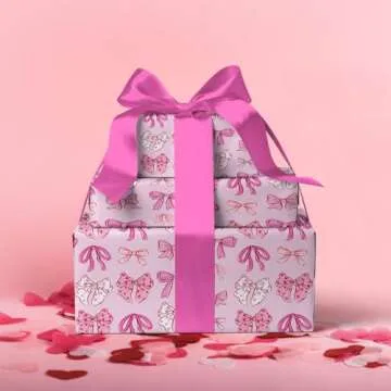 LeZakaa Pink Bow Wrapping Paper Roll for Girls Women, Cute Bows Design Gift Wrap Paper for Baby Girls Shower, Birthday, Wedding, Holiday, Party, Valentine's Day, Anniversary - 17 inches x 32.8 Feet