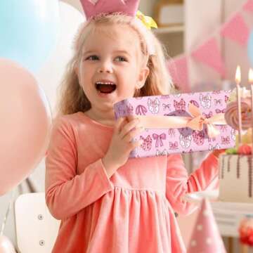 LeZakaa Pink Bow Wrapping Paper Roll for Girls Women, Cute Bows Design Gift Wrap Paper for Baby Girls Shower, Birthday, Wedding, Holiday, Party, Valentine's Day, Anniversary - 17 inches x 32.8 Feet