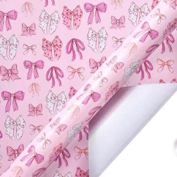 LeZakaa Pink Bow Wrapping Paper Roll for Girls Women, Cute Bows Design Gift Wrap Paper for Baby Girls Shower, Birthday, Wedding, Holiday, Party, Valentine's Day, Anniversary - 17 inches x 32.8 Feet