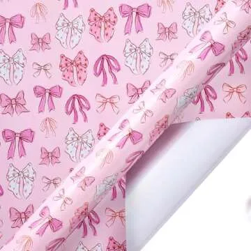 LeZakaa Pink Bow Wrapping Paper Roll for Girls Women, Cute Bows Design Gift Wrap Paper for Baby Girls Shower, Birthday, Wedding, Holiday, Party, Valentine's Day, Anniversary - 17 inches x 32.8 Feet