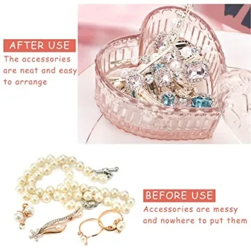WHSLILR Glass Jewelry Box Heart Shape Cute Box for Storage Ring Earring Trinket Vintage Jewelry Organizer Decorative Gift for Women Girls-GRB003-Pink