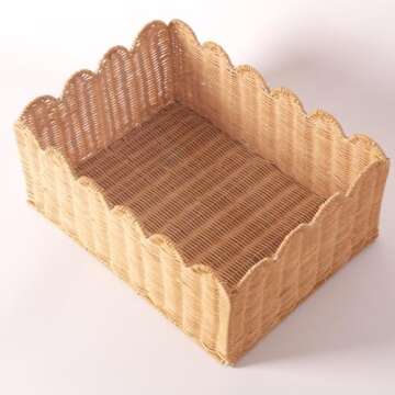 Scalloped Edge Basket, Wicker Storage Baskets, Hand Woven Baskets for Shelves,Natural Baskets for Organizing (M-14" L x 10.5" W x 6" H-Rattan)