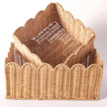 Scalloped Edge Basket, Wicker Storage Baskets, Hand Woven Baskets for Shelves,Natural Baskets for Organizing (M-14" L x 10.5" W x 6" H-Rattan)
