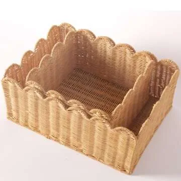Scalloped Edge Basket, Wicker Storage Baskets, Hand Woven Baskets for Shelves,Natural Baskets for Organizing (M-14" L x 10.5" W x 6" H-Rattan)