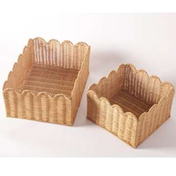 Scalloped Edge Basket, Wicker Storage Baskets, Hand Woven Baskets for Shelves,Natural Baskets for Organizing (M-14" L x 10.5" W x 6" H-Rattan)
