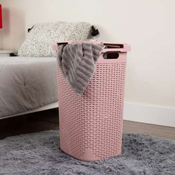 Mind Reader 60L Slim Laundry Hamper, Clothes Basket, Lid, Wicker Design, Plastic, 17.65"L x 13.75"W x 24.15"H, Pink