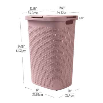Mind Reader 60L Slim Laundry Hamper, Clothes Basket, Lid, Wicker Design, Plastic, 17.65"L x 13.75"W x 24.15"H, Pink