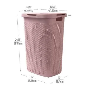 Mind Reader 60L Slim Laundry Hamper, Clothes Basket, Lid, Wicker Design, Plastic, 17.65"L x 13.75"W x 24.15"H, Pink