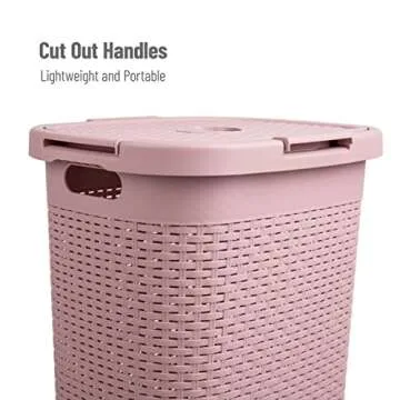 Mind Reader 60L Slim Laundry Hamper, Clothes Basket, Lid, Wicker Design, Plastic, 17.65"L x 13.75"W x 24.15"H, Pink