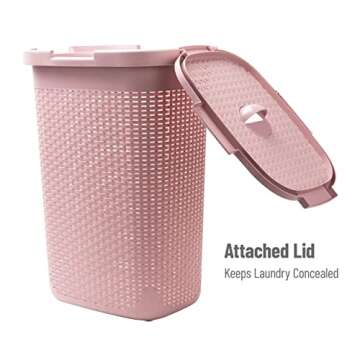 Mind Reader 60L Slim Laundry Hamper, Clothes Basket, Lid, Wicker Design, Plastic, 17.65"L x 13.75"W x 24.15"H, Pink